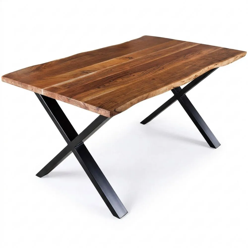 Esstisch aus Akazienholz mit Baumkante und X-Gestell 160 cm