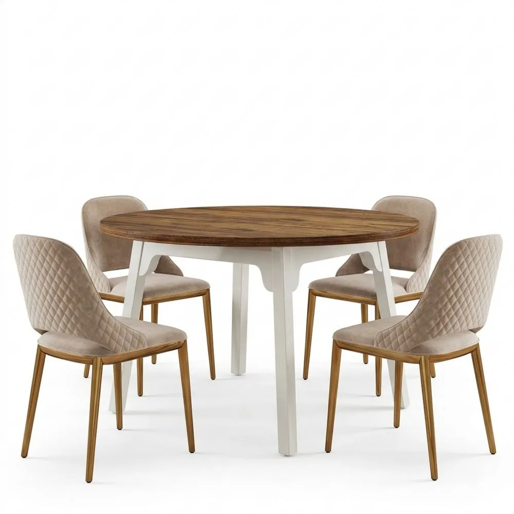 Großer runder Esstisch aus Massivholzbeinen, Weiß und Braun