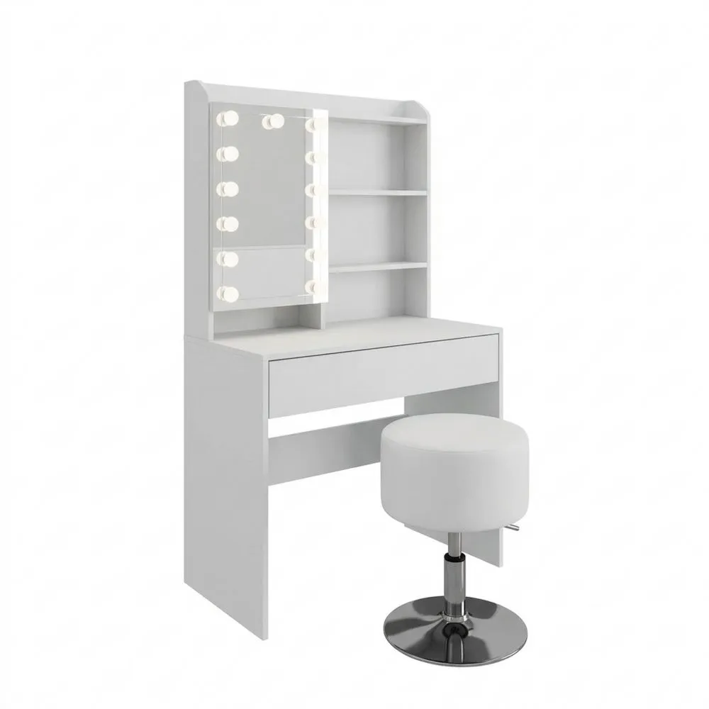 Schminktisch mit LED-Beleuchtung und Hocker, integriertes Licht, 70 cm, Weiß