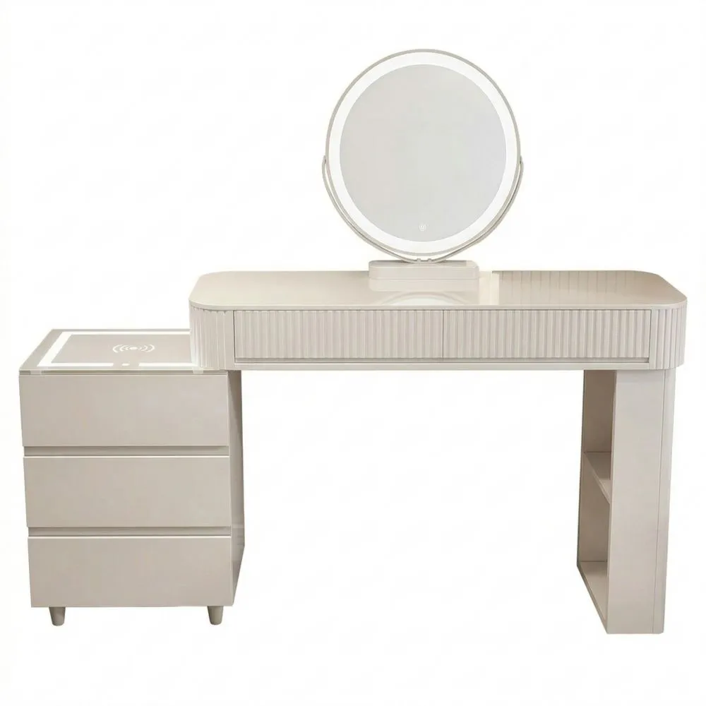 Kosmetiktisch mit LED-Spiegel und Seitenschrank, 5 Schubladen, Weiß, 100 cm