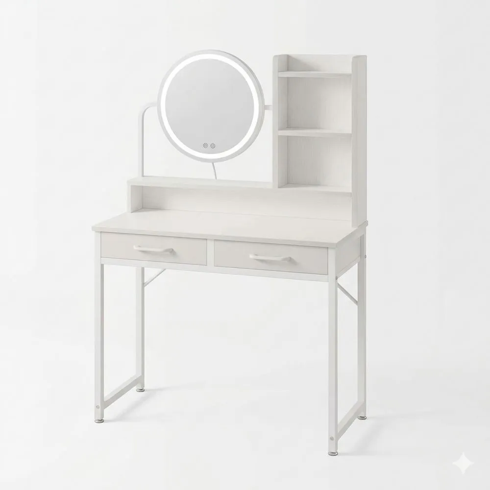 Frisiertisch mit LED-Beleuchtung, Helligkeit und Höhe anpassbar, inklusive 2 Stoffschubladen