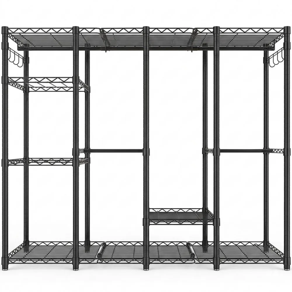 Modularer Kleiderschrank mit 9 verstellbaren Regalen und 5 Kleiderstangen, großer Stauraum, schwarz