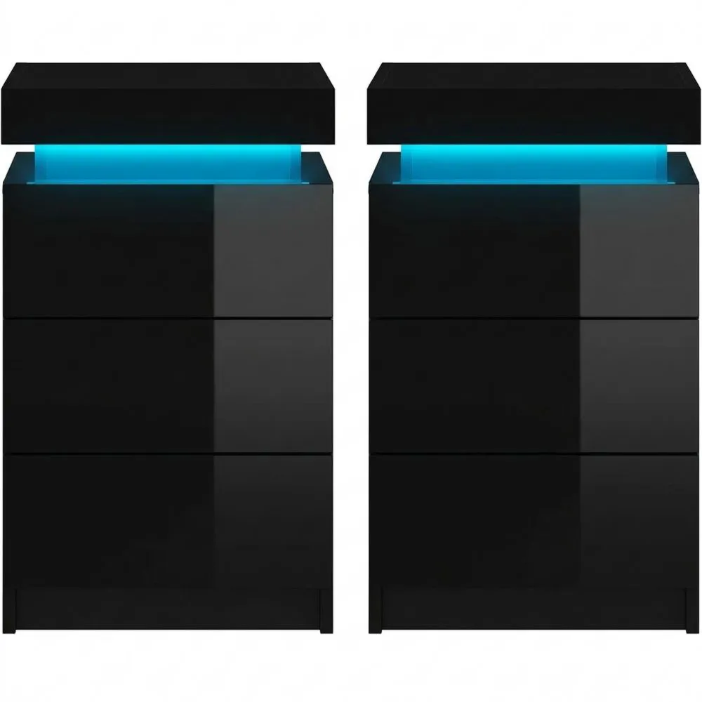 Nachttisch-Set mit LED, 3 Schubladen, Hochglanz, 45 x 35 x 67 cm