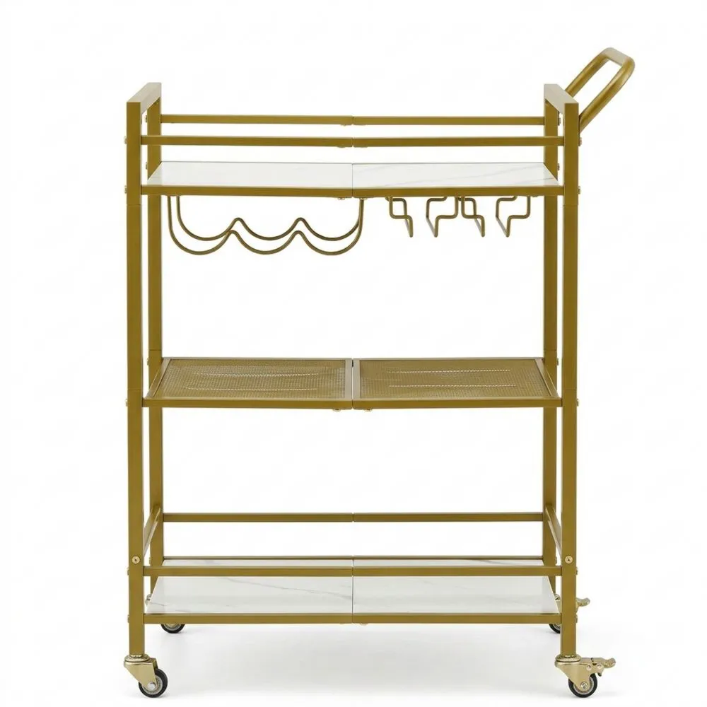 Industrieller Barwagen mit Weinregal und Glashalter, Gold & Weiß