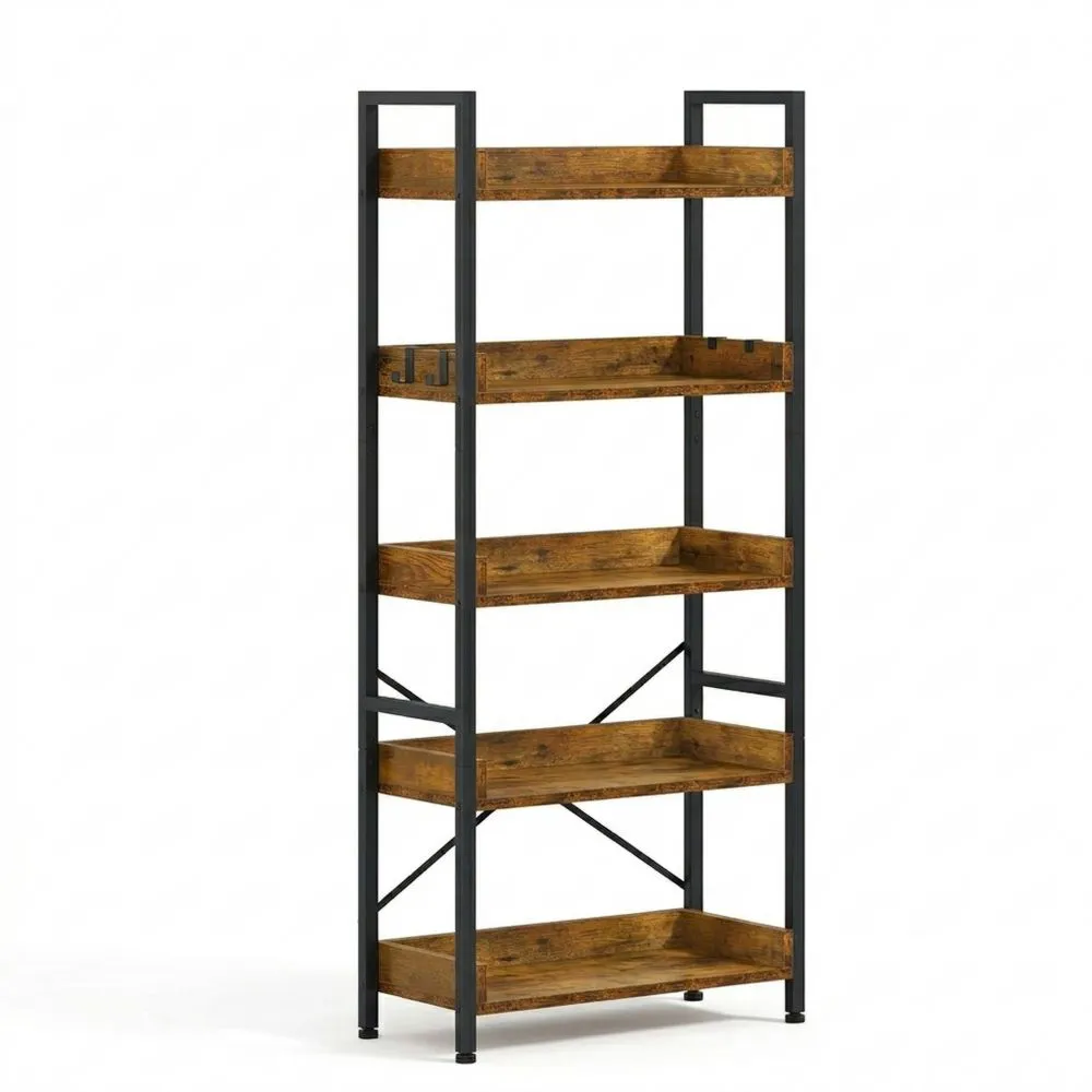 Hohes Bücherregal mit 5 Ebenen, industrial Design, 64 cm Breite, 160 cm Höhe, Holz und Metall, Eichenoptik