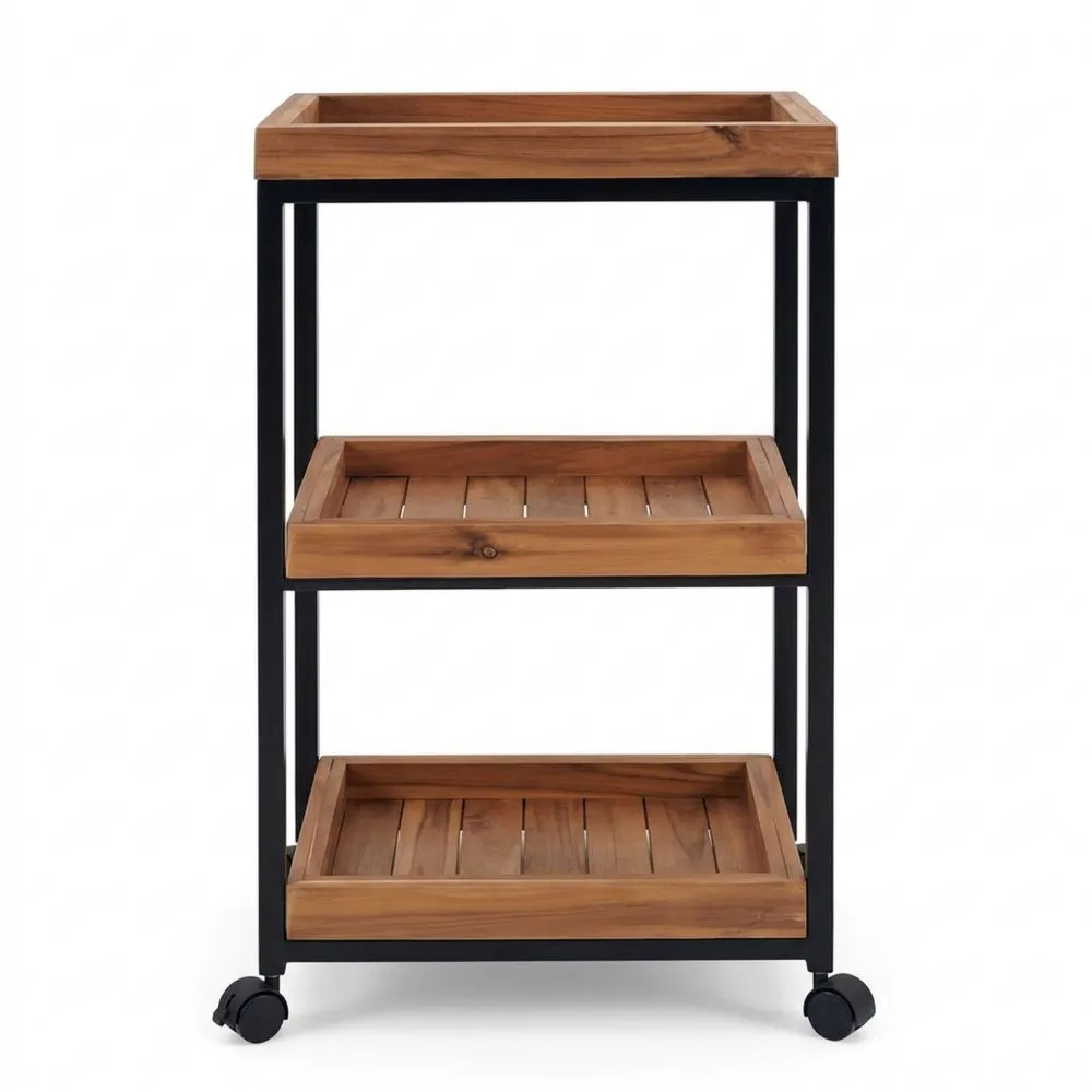 Küchenrollwagen mit Akazien-Holz und Metallrahmen, 3 Ebenen, schwarz, im Industriestil