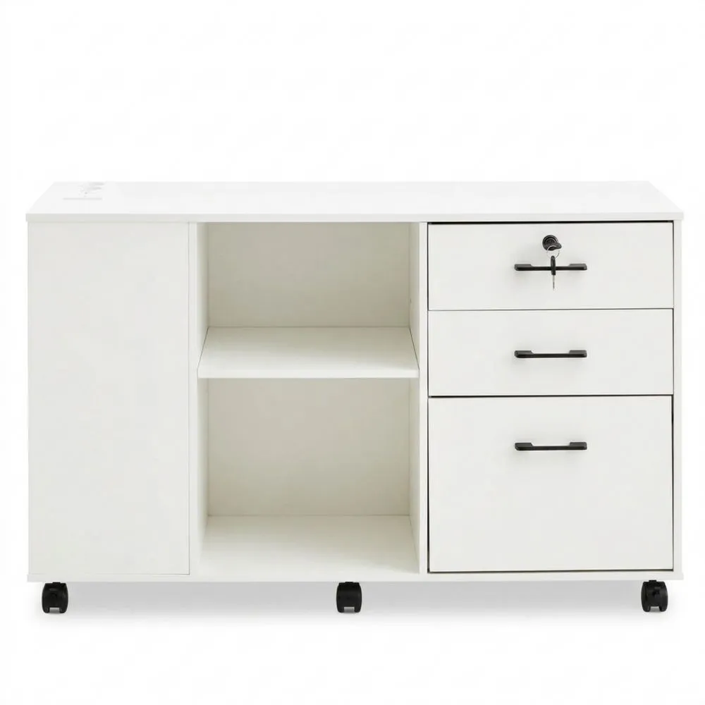 Mobiler Aktenschrank mit 3 Schubladen und Steckdose, abschließbar, Weiß