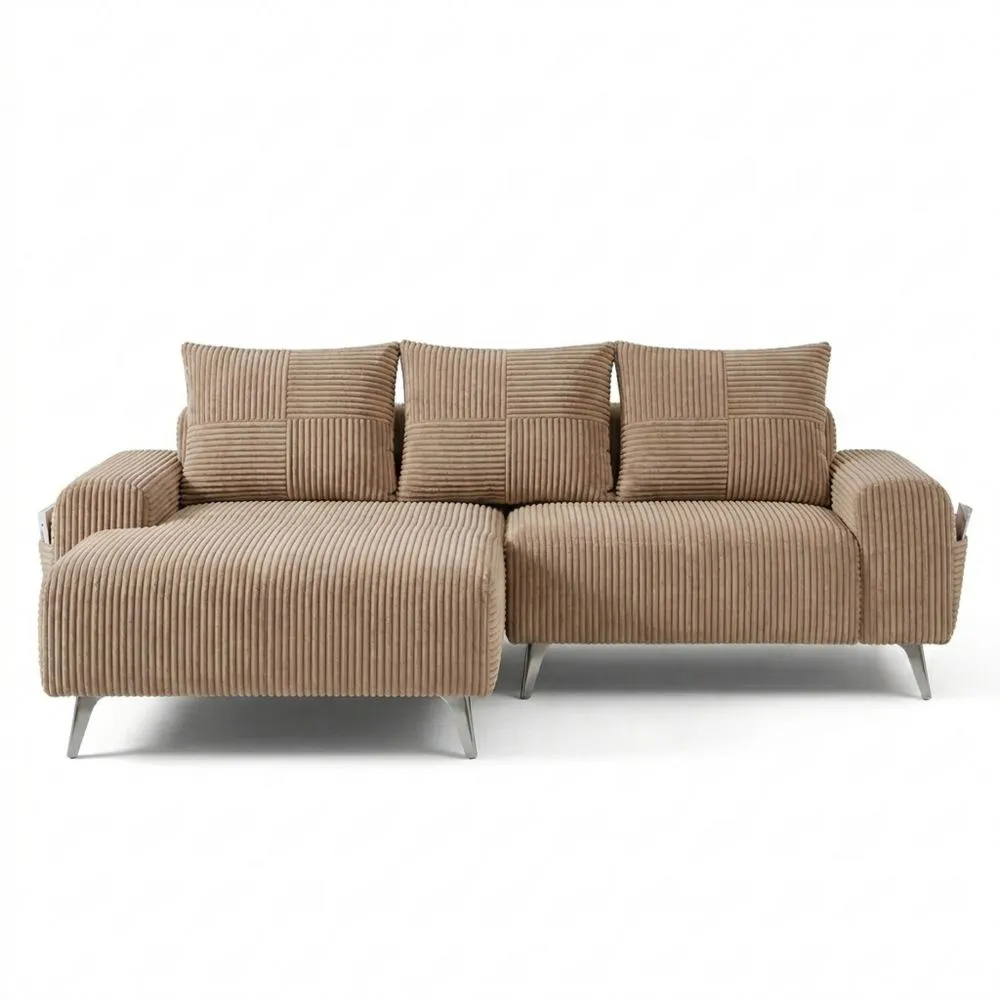 Modulares 2-Sitzer Sofa mit Ottomane und Kissen, Cordstoff, mit Getränkehalter und Aufbewahrung in Khaki
