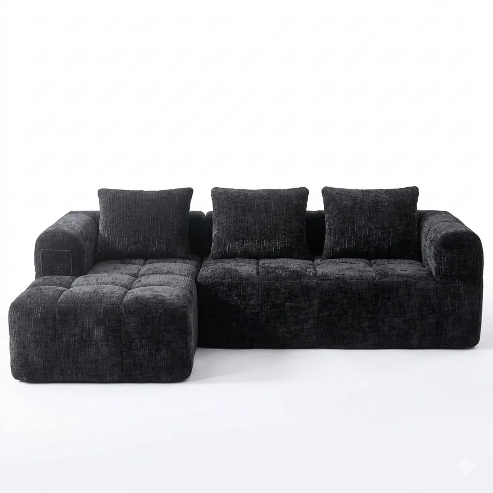 Ecksofa mit Chaiselongue und Armlehnen, Sofas ohne Installation, Inkl. 3 Kissen und Seitentasche, 250x158x60cm, Schwarz