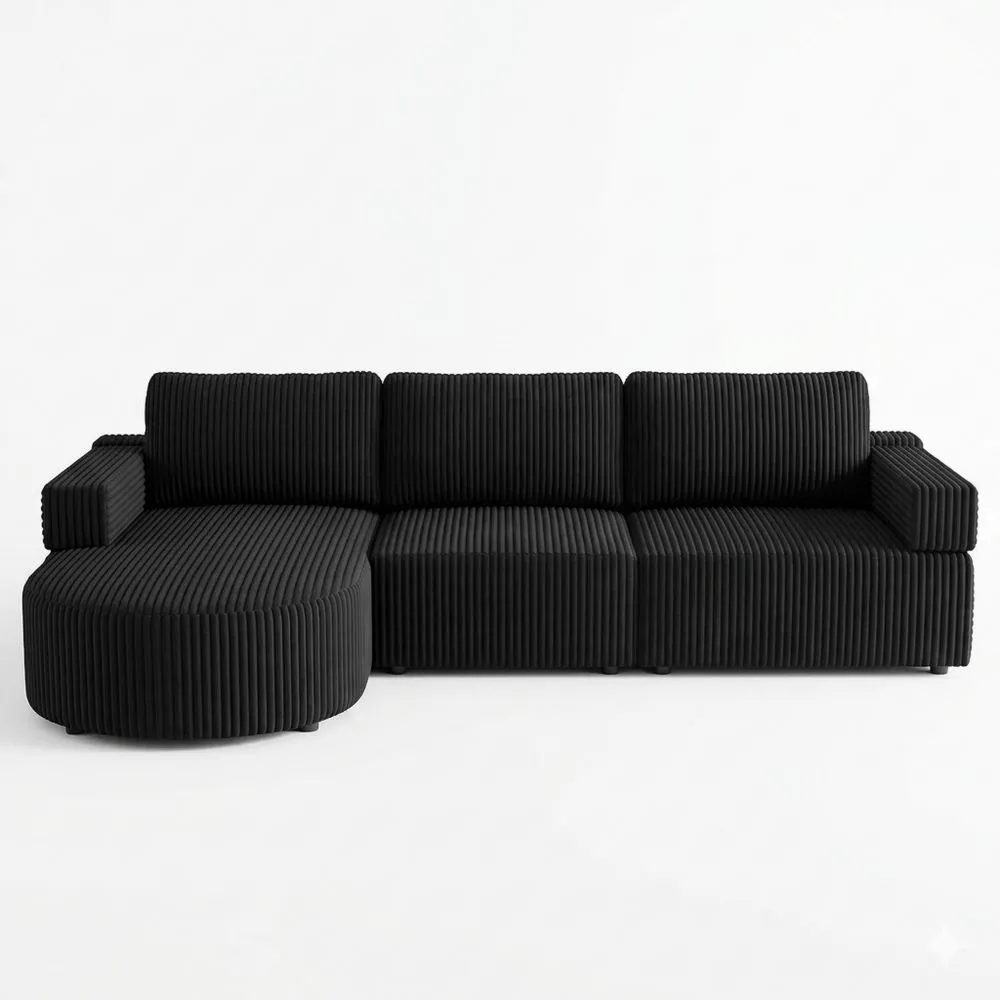 Modulares Ecksofa mit Schlaffunktion und Chaise Longue, Cord, Schwarz