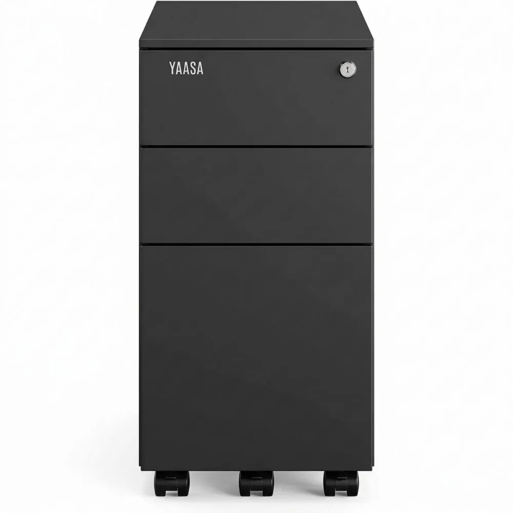 Kompakter schwarzer Rollcontainer mit 3 Schubladen