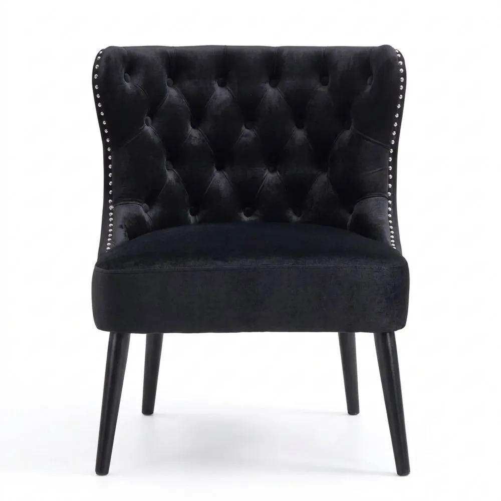 Bequemer Ohrensessel aus Samt mit Holzbeinen, Schwarz