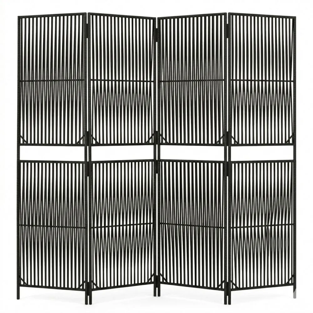 Flexibler 4-teiliger Paravent aus Poly Rattan für Balkon und Garten