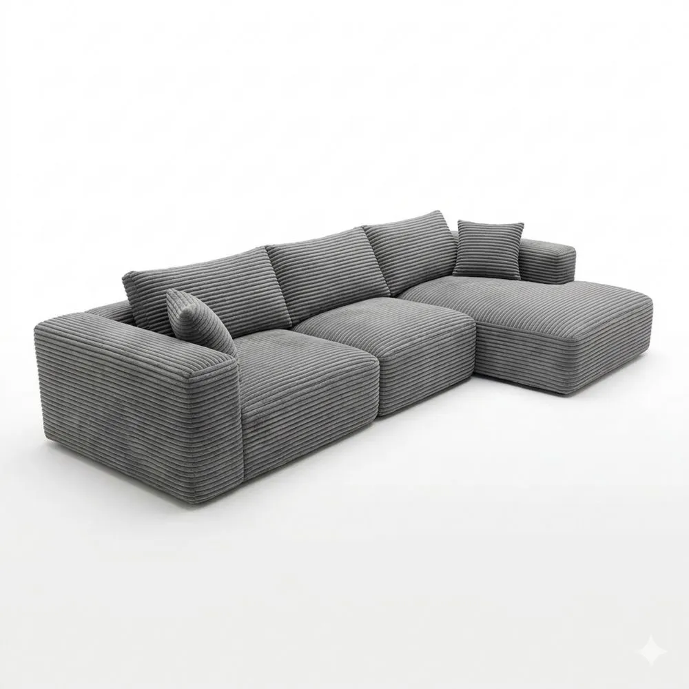 3-Sitzer Loungesofa mit Cord-Bezug, Liegefläche rechts, hellgrau