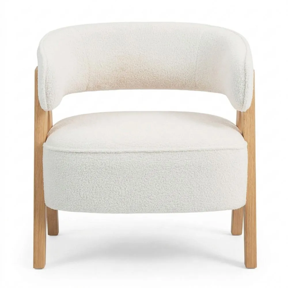 Gepolsterter Loungesessel mit Armlehnen in Fleece-Optik, 63 cm Sitzbreite, gebogene Rückenlehne, Holzbeine, für Schlafzimmer und Wohnzimmer, Weiß