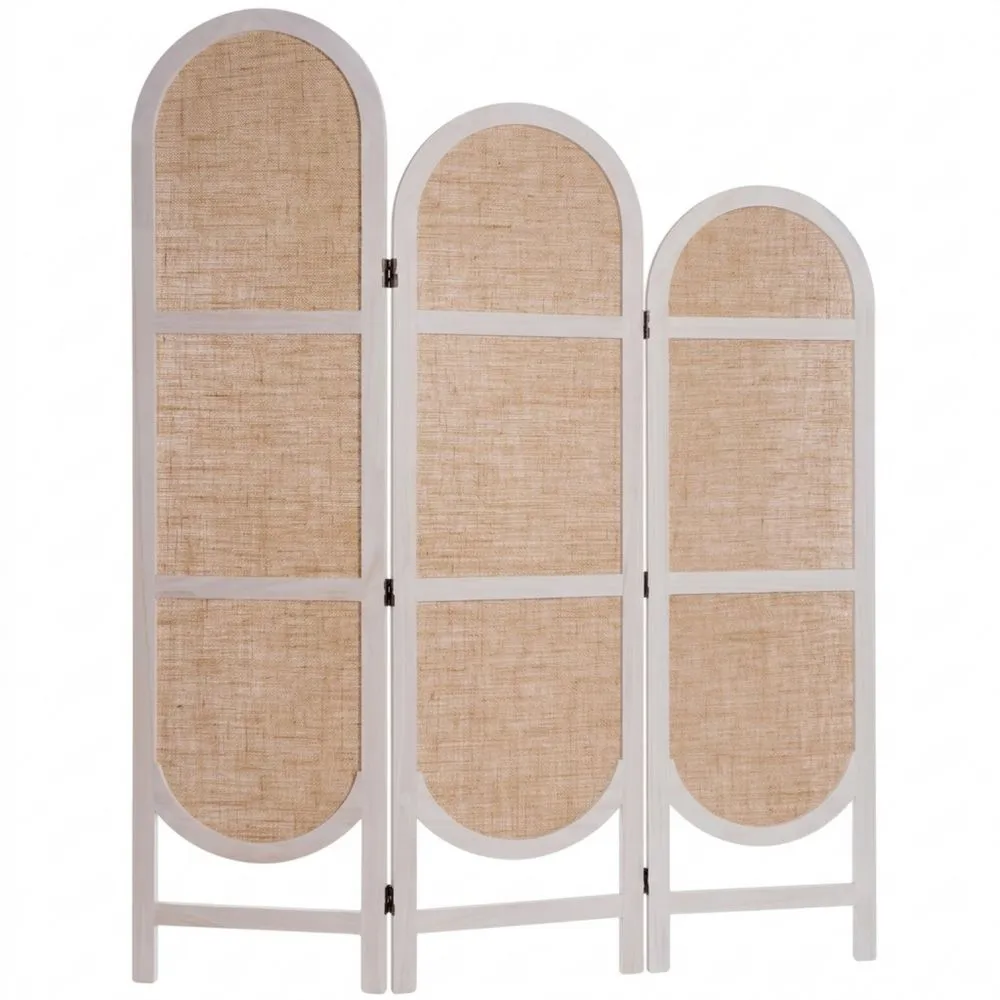 3-teiliger Paravent aus Leinen und Holz, weiß, 170x120 cm, Faltwand als Raumtrenner