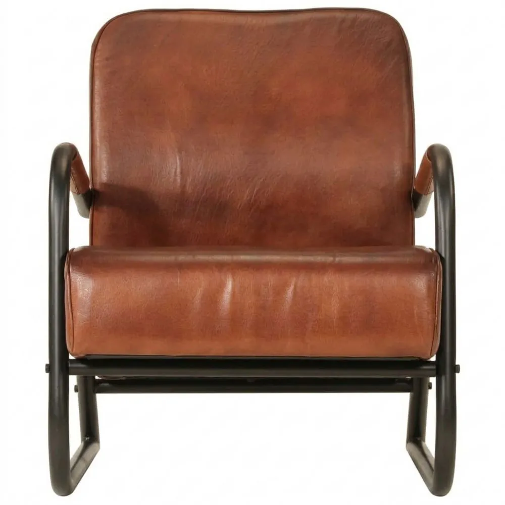 Bequemer Relaxsessel aus Echtleder mit Armlehnen und stabilem Eisengestell, Braun
