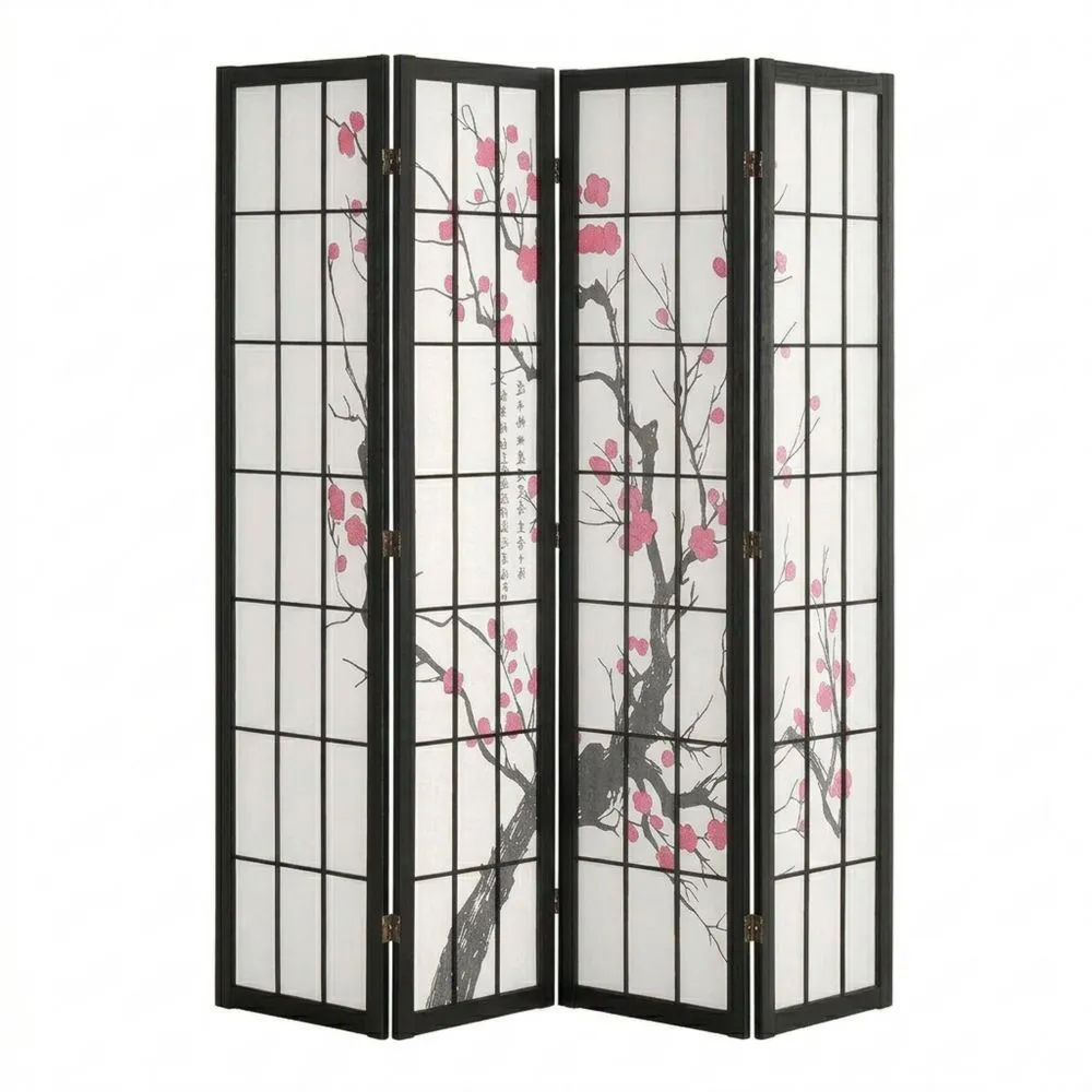 Faltbarer Raumteiler mit Kirschblütenmotiv aus Holz für Innenbereich
