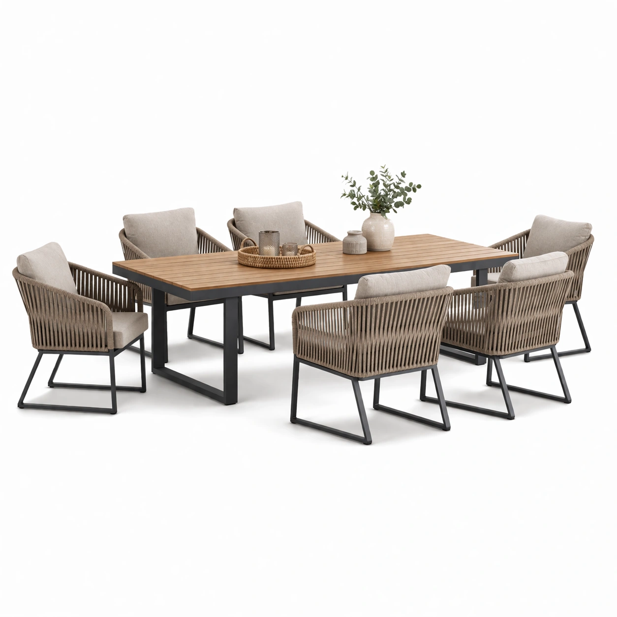 Garten Esstisch Set mit 6 Stuehlen Holz Metall Beige-Delvirox