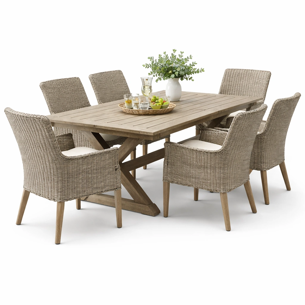 Garten Esstisch Set mit 6 Stuehlen Holz Rattan Natur-Delvirox