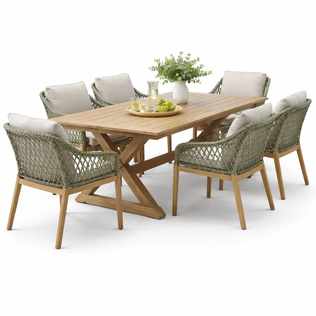 Garten Esstisch Set mit 6 Stuehlen Holz Geflecht Gruen-Delvirox