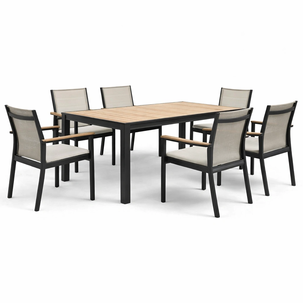 Garten Esstisch Set mit 6 Stuehlen Metall Holz Grau-Delvirox