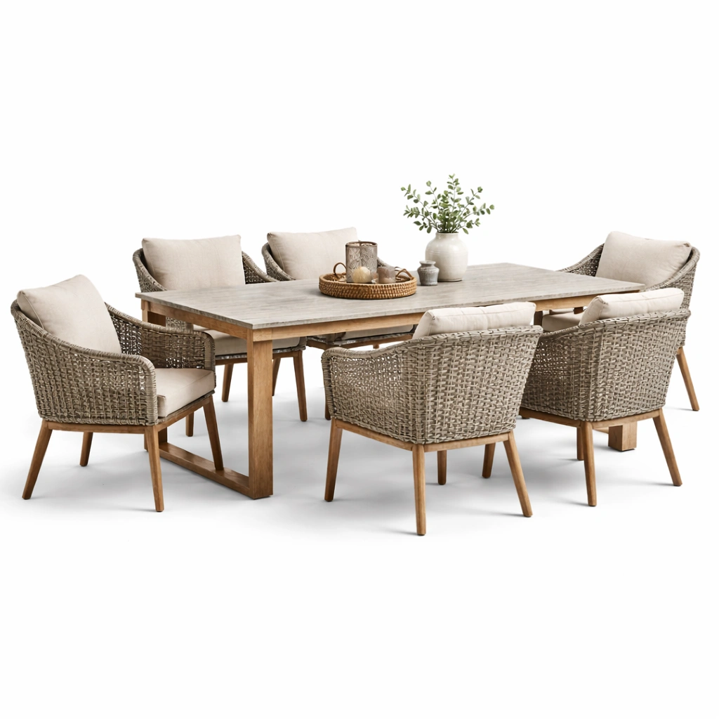 Garten Esstisch Set mit 6 Stuehlen Holz Rattan Beige-Delvirox