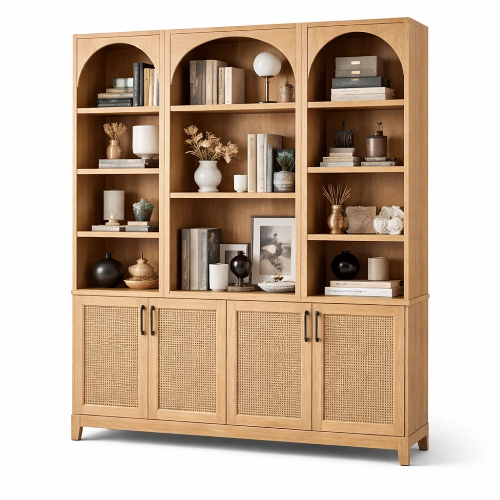 Vitrinenschrank Holz Natur Rattan Mehrfaecher-Delvirox