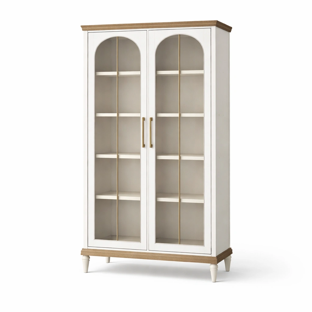 Vitrinenschrank Holz Weiss Glas Tueren-Delvirox