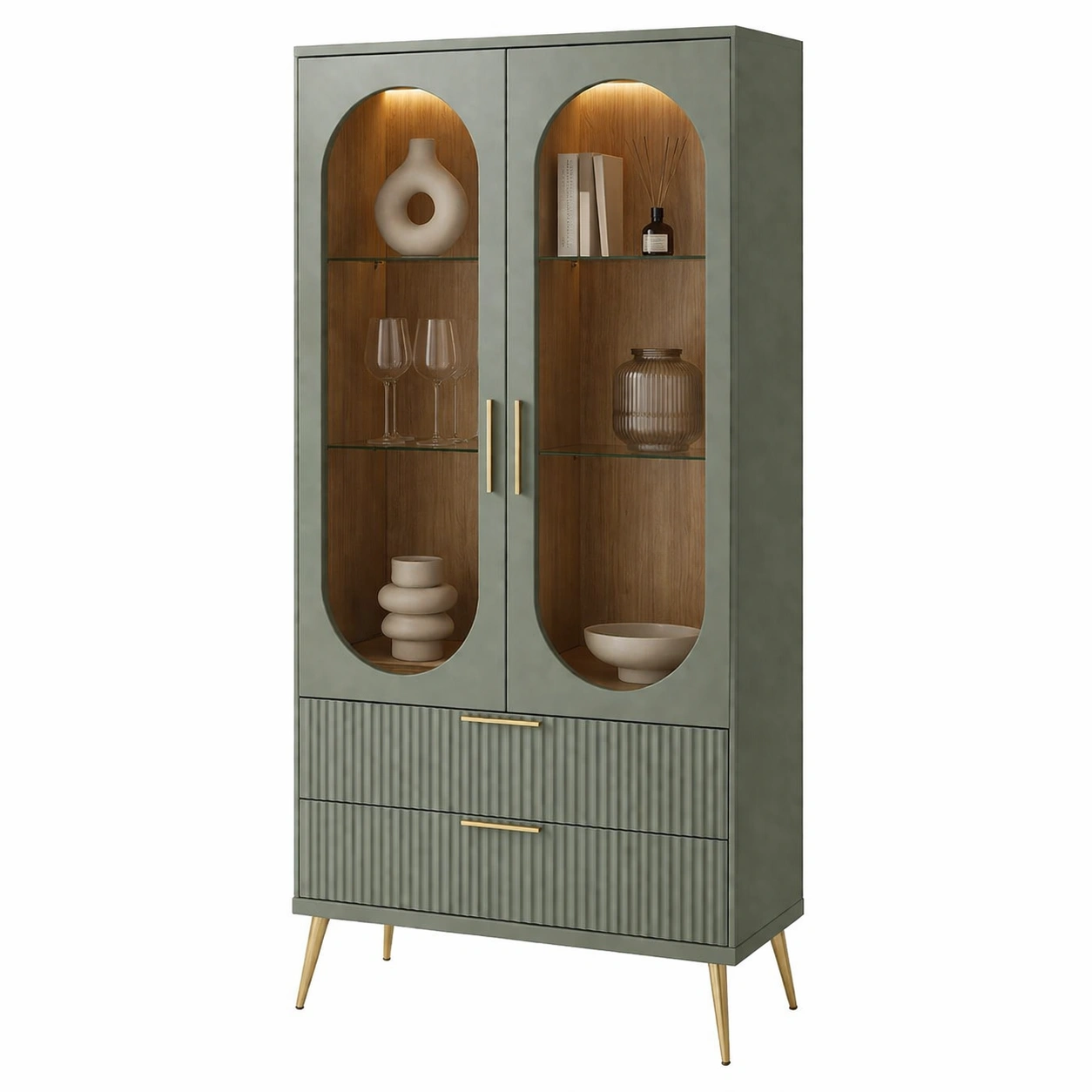 Vitrinenschrank Holz Metall Gruen Glas-Delvirox