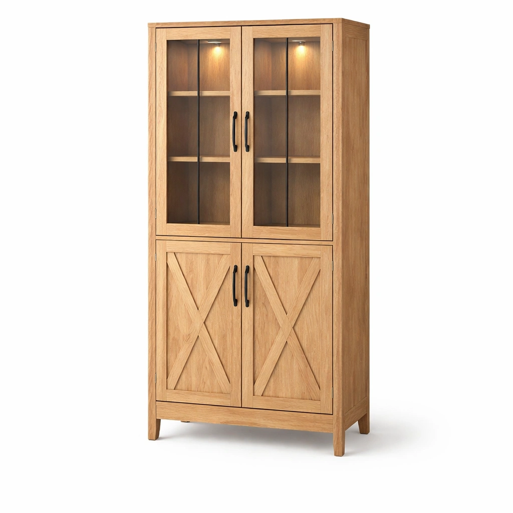 Vitrinenschrank Holz Natur Glas Tueren Klassisch-Delvirox