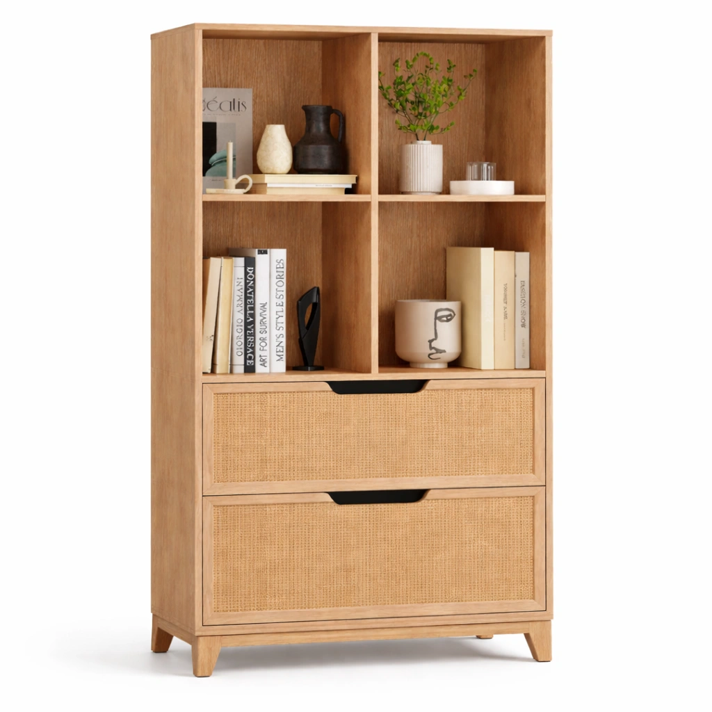 Vitrinenschrank Holz Natur Rattan Schubladen-Delvirox