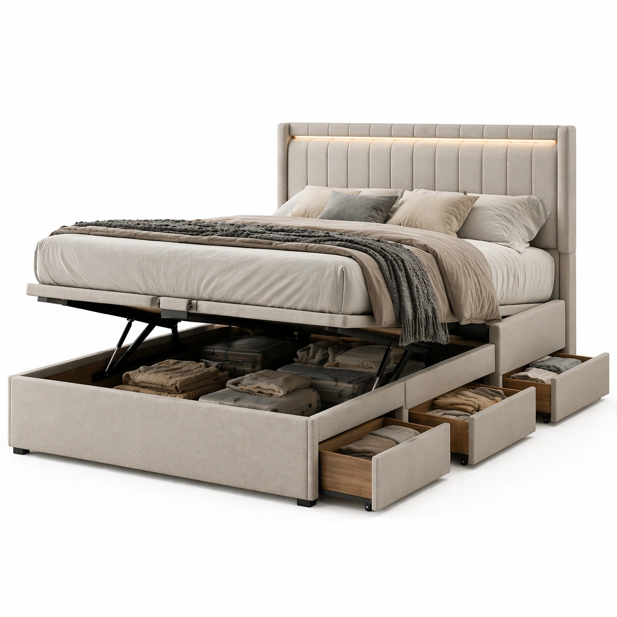 Modernes Polsterbett mit Stauraum und LED Kopfteil-Norianx