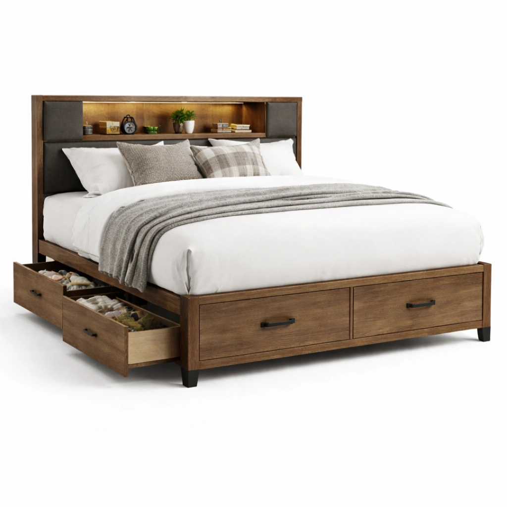 Massivholz Bett mit Schubladen und Stauraum Kopfteil-Norianx