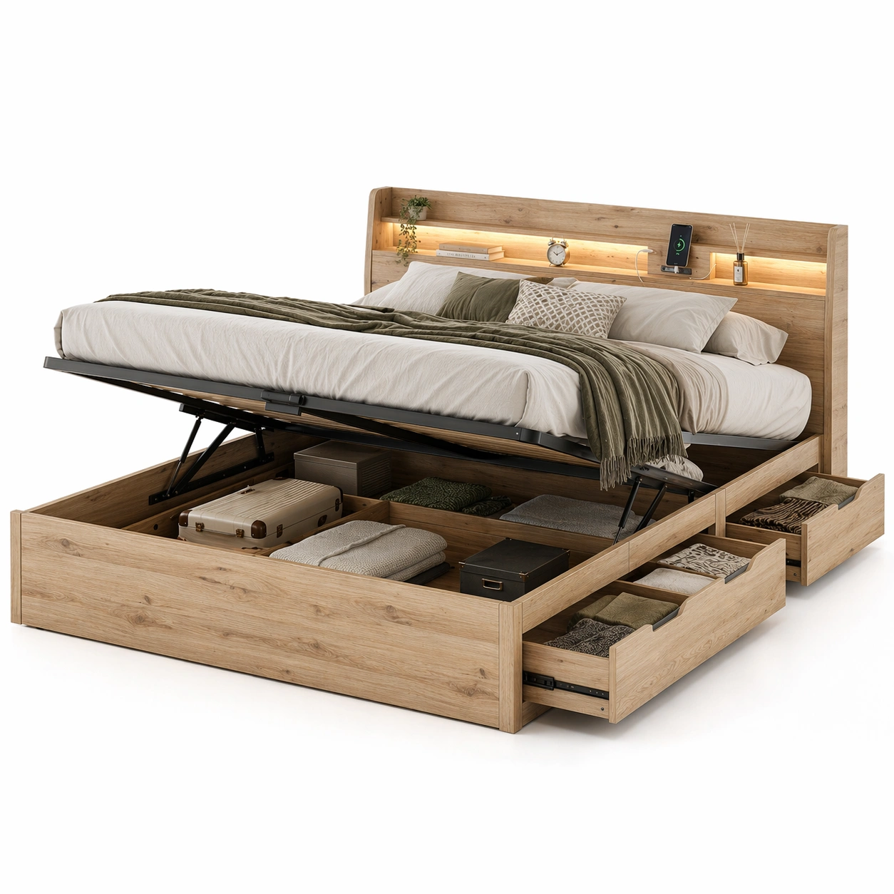 Modernes Holzbett mit Stauraum und LED Kopfteil-Norianx