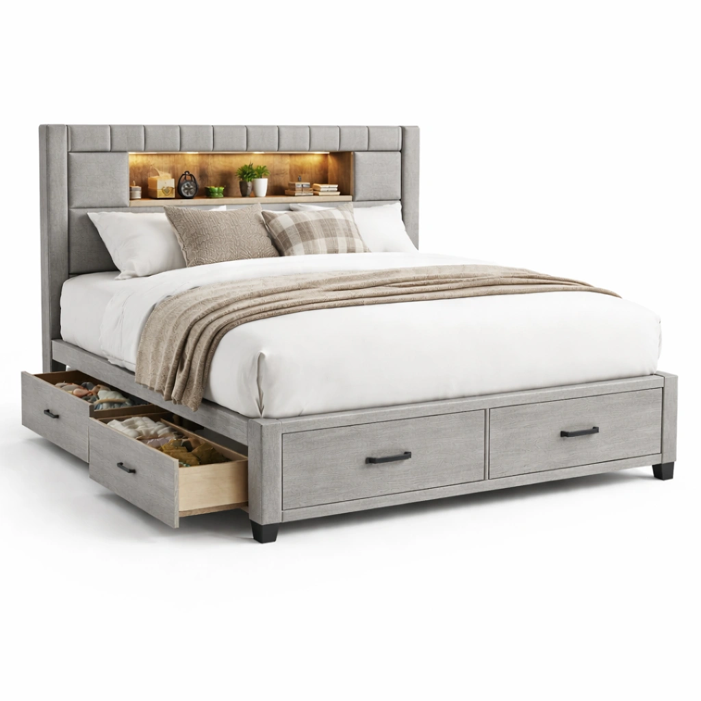 Polsterbett mit Stauraum und integriertem Regal Kopfteil-Norianx