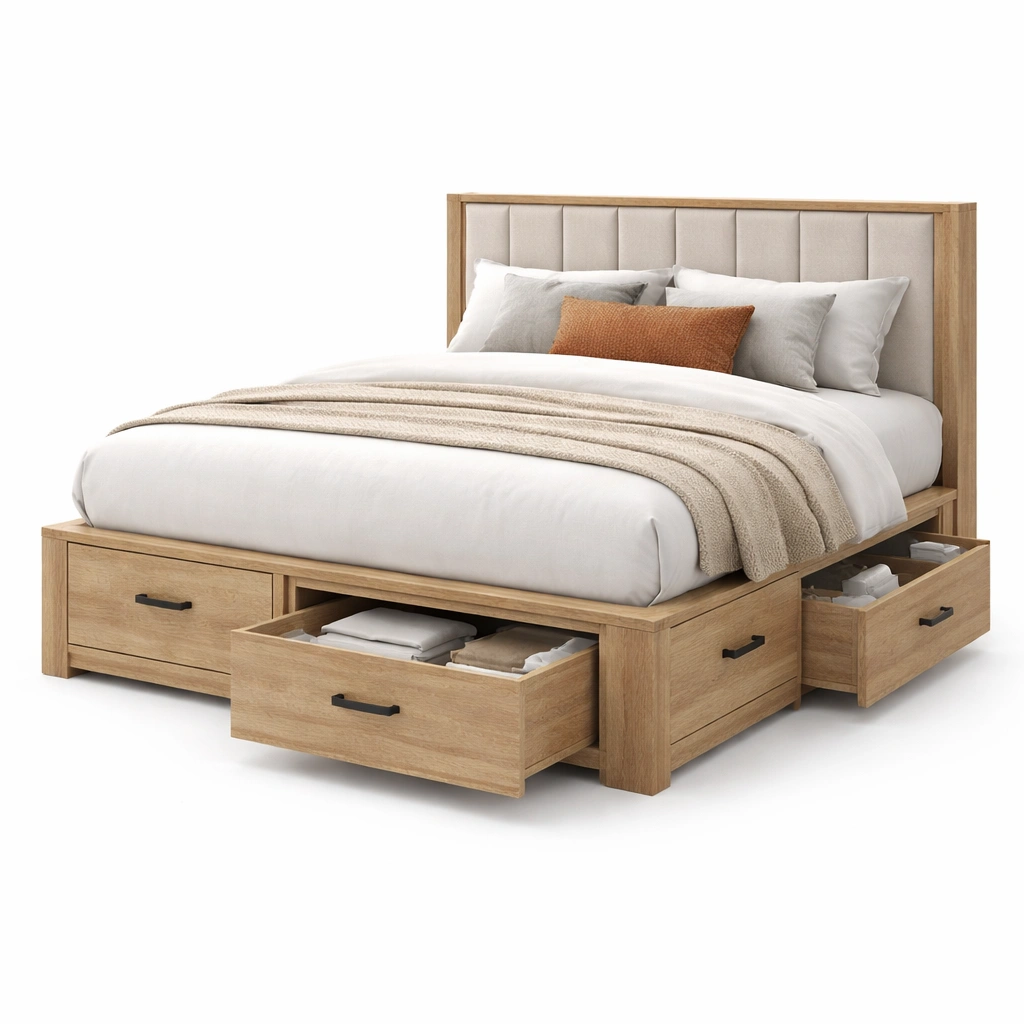 Holzbett mit grossen Schubladen und Stauraum-Norianx