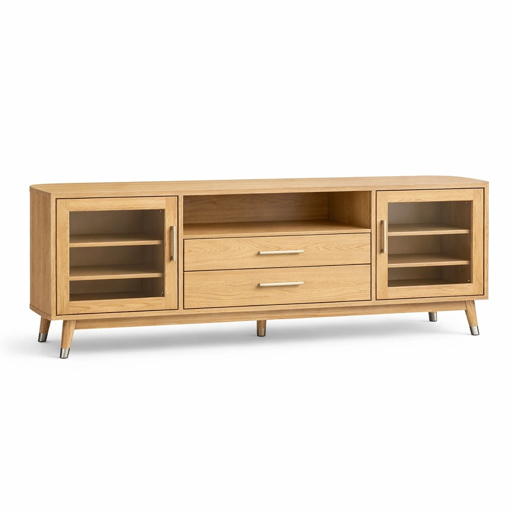 TV Lowboard aus Holz mit Glas Tueren und Schubladen-Norianx