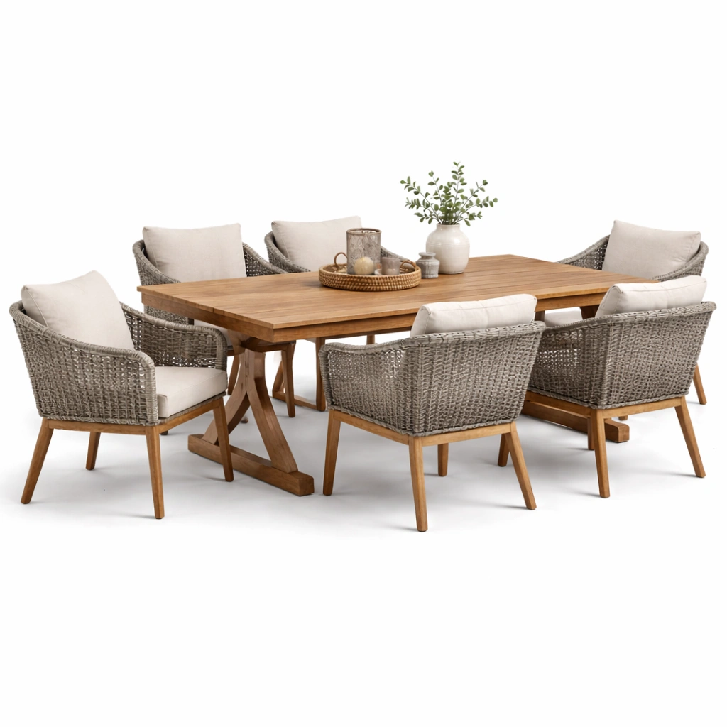 Garten Essgruppe aus Holz und Rattan mit 6 Stuehlen-Norianx