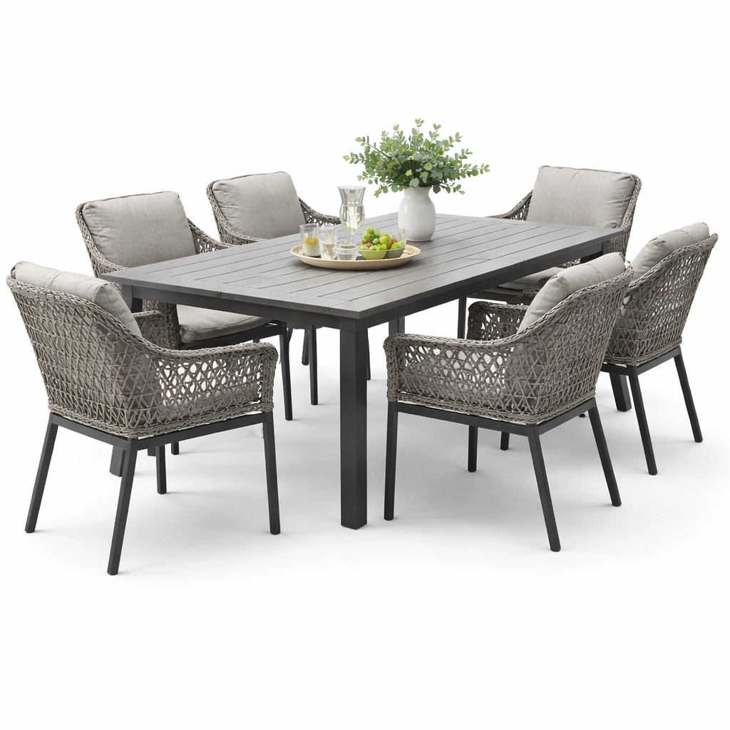 Moderne Garten Essgruppe mit Metall Tisch und Rattan Stuehlen-Norianx