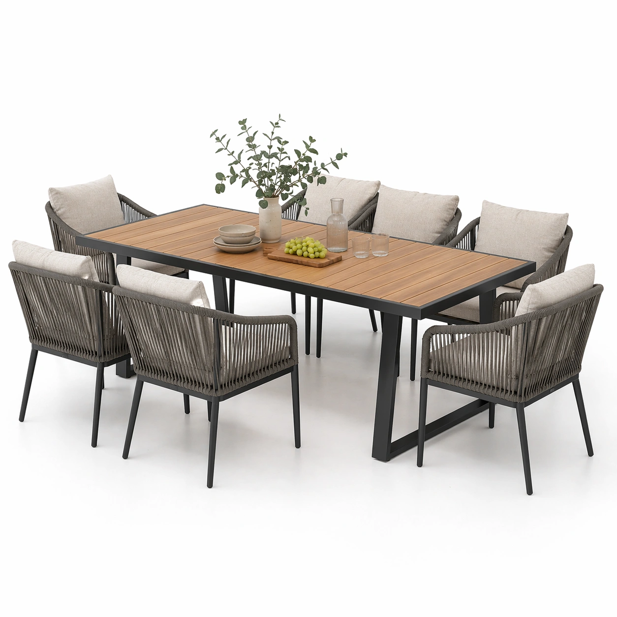 Garten Essgruppe mit Holzoptik Tisch und geflochtenen Stuehlen-Norianx