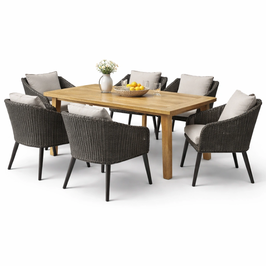 Garten Essgruppe aus Holz mit Rattan Stuehlen-Norianx