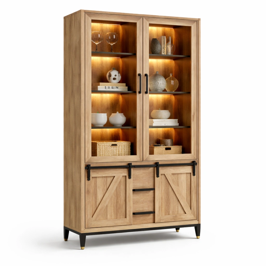 Vitrine aus Holz mit Glas Tueren und LED Beleuchtung-Norianx