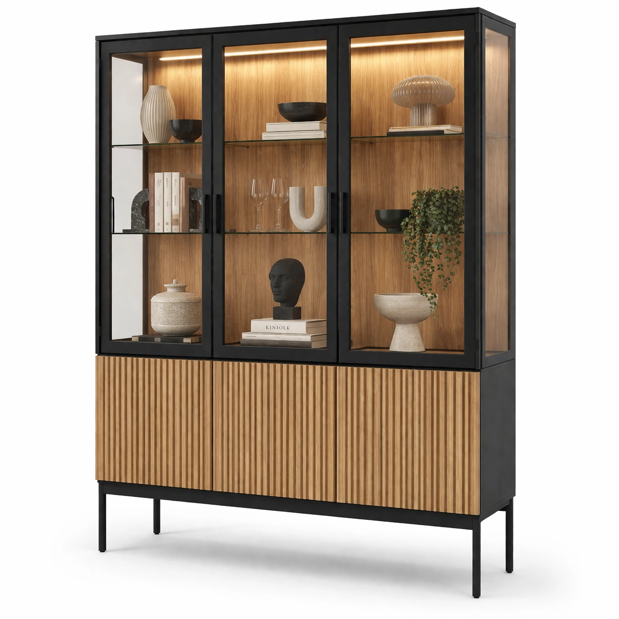 Moderne Vitrine mit Glasfront und geriffelter Holzoptik-Norianx