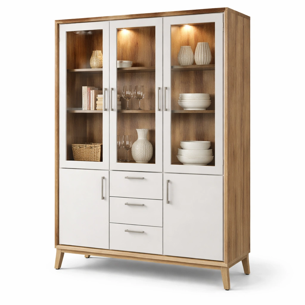 Moderne Vitrine mit Glas Tueren und Schubladen-Norianx