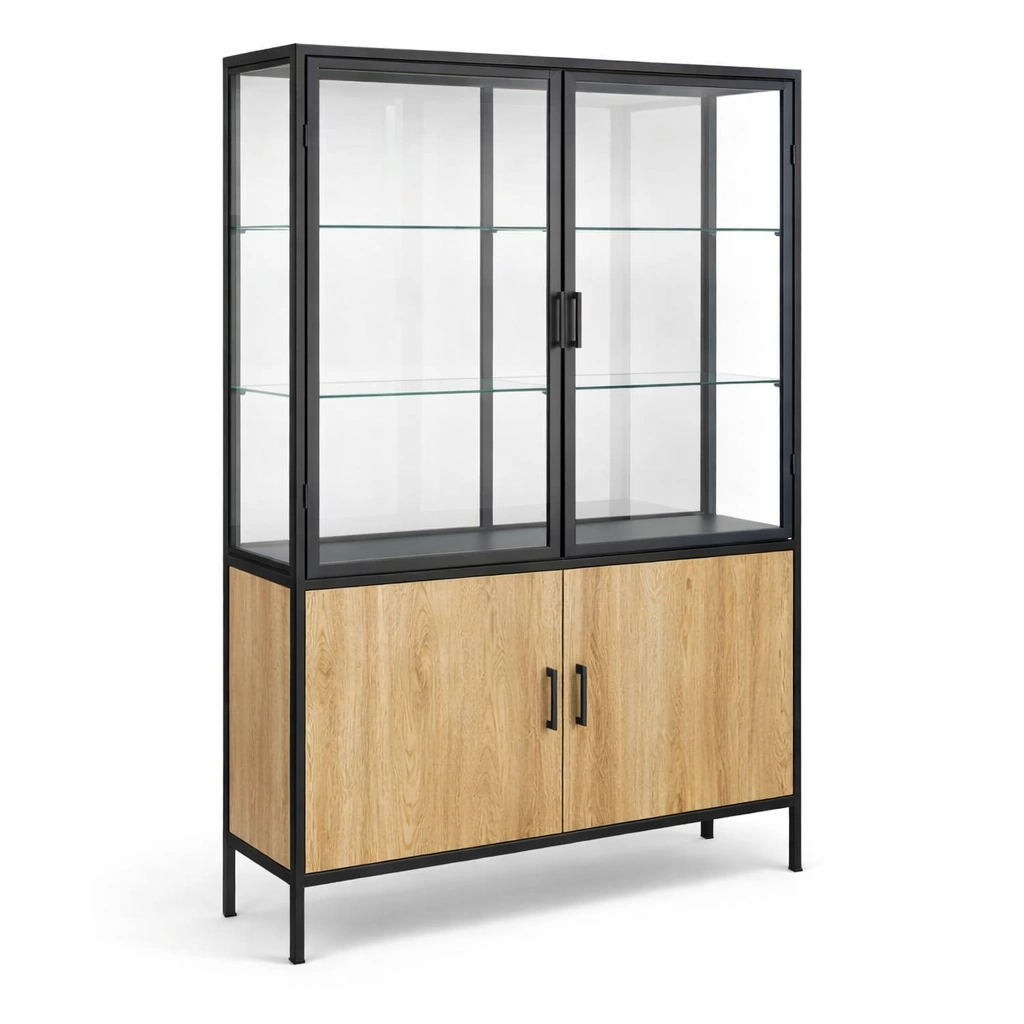 Industrie Vitrine mit Metallrahmen und Holzfront-Norianx