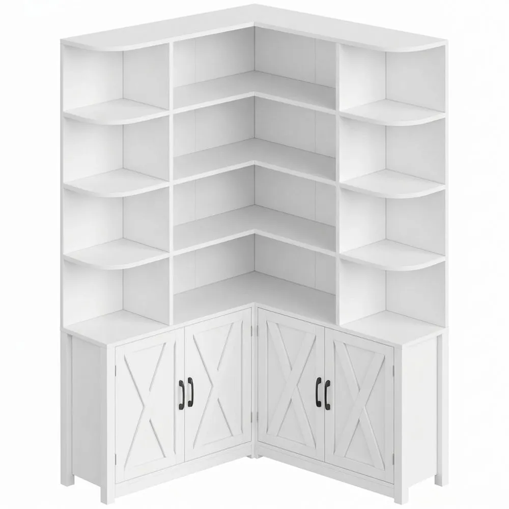 Eckregal mit Türen und 12 Fächern, L-förmiger Bücherschrank, Holzvitrine für Wohnzimmer, Büro oder Küche, 187 x 80 x 80 cm, Weiß-Glowtran