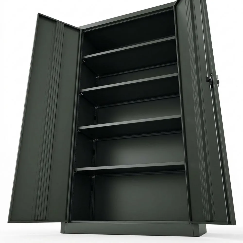 Metallschrank mit Flügeltüren und 4 Einlegeböden, 5 Ordnerhöhen, Schwarz-Glowtran