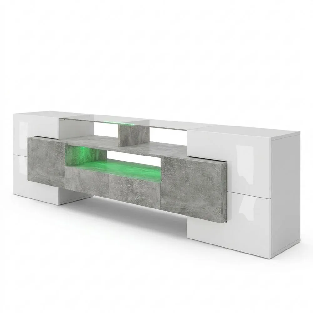 Modularer TV-Schrank mit LED und Stauraum 200 cm bis 85 Zoll, Weiß-Grau-Glowtran