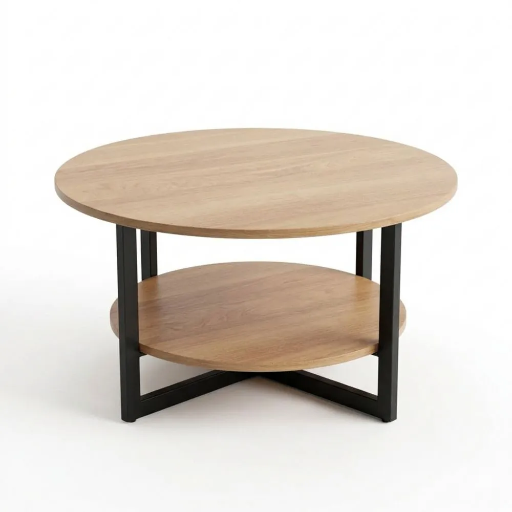 Runder Couchtisch aus Eiche und Metall mit zwei Ablagen-Glowtran